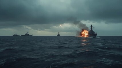 Missile Attack on Naval Ship at Sea, Explosive War Conflict, Ship Under Fire, Military Warfare on Water