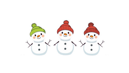 Drei fröhliche Schneemänner mit Mütze und Schal im Chibi-Stil. Ideal für Weihnachtskarten, Winterdeko und Sticker mit transparentem Hintergrund.