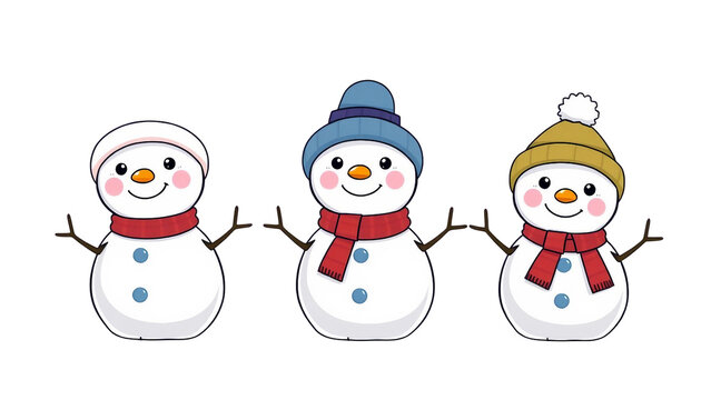 Drei fr&ouml;hliche Schneem&auml;nner mit M&uuml;tze und Schal im Chibi-Stil. Ideal f&uuml;r Weihnachtskarten, Winterdeko und Sticker mit transparentem Hintergrund.