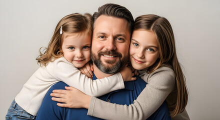 Smiling Father Hugging Two Daughters with Warm Expression
