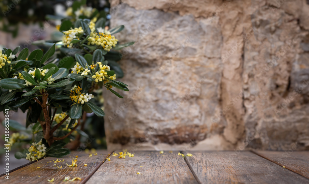 Poster wooden table mock up with stone wall background. empty wooden table copy space close up surface temp
