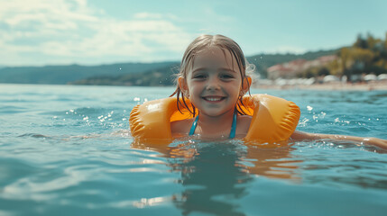 Happy girl swims with inflatable armbands in the lake. Cheerful child enjoys rest at the sea. Summer entertainment for children in the open air.