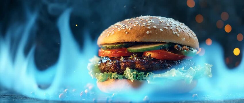 A juicy burger floats over blue flames showing hot grilled flavor, ideal fast food taste and sizzling meal power