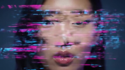 A futuristic close up portrait of an Asian woman looking at the camera with a digital glitch effect - Powered by Adobe