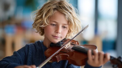 Young boy plays violin in cozy learning environment at sunset
