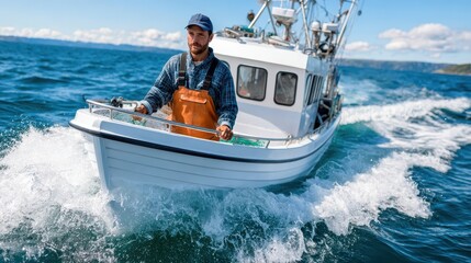 Obraz premium Fisherman skillfully navigating the open sea during a bright sunny day