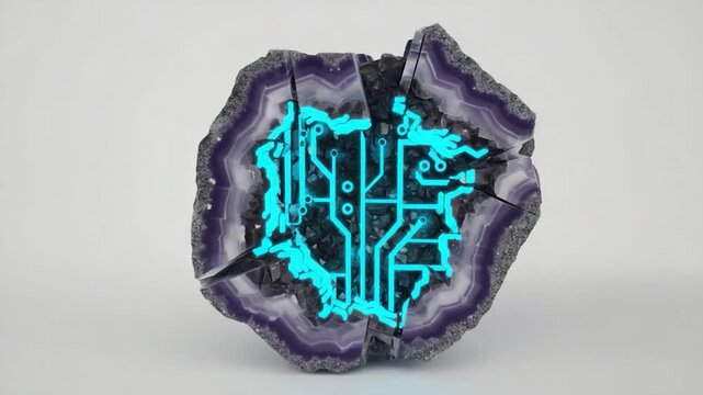 A geode slice, showcasing a glowing circuit pattern