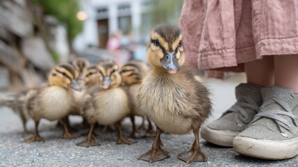 Curious ducklings follow a young child during a sunny spring day stroll