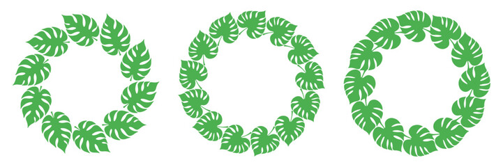 Collection of hand-drawn circular frames made of monstera leaves. Tropical green wreaths for summer projects, branding, or eco design.