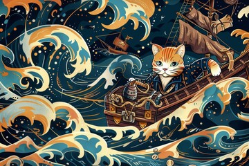 Adventurous pirate cat navigating stormy seas on ship