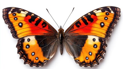 Exotic butterfly with striking orange and red wings against a white background