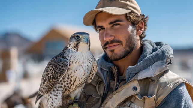 Falconry expert displays majestic bird in a desert landscape under clear skies