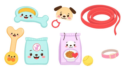 bunte Hundezubehör-Elemente wie Napf, Ball, Halsband und Knochen auf transparentem Hintergrund. Lustig und vielseitig für Haustierdesigns.