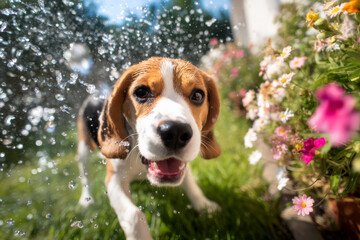ビーグル犬と芝生の庭の花