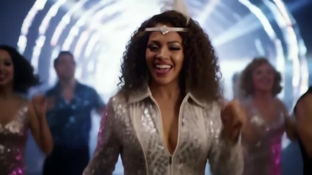 Energetic disco queen in a silver sequin jumpsuit dancing at a retro 70s party