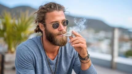 Relaxing in the sun with a smoke on a rooftop terrace in a vibrant city