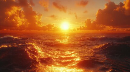 Fototapeta premium The endless horizon glowing with the last light of the sun, ocean waves shimmering in the golden dusk