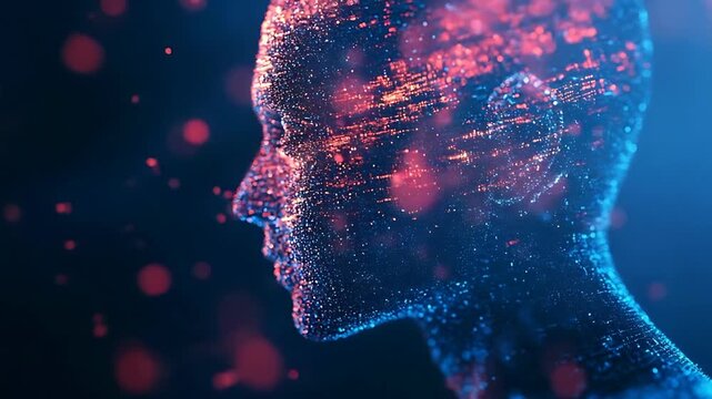 Abstract digital representation of a human profile illuminated with vibrant particles and lights