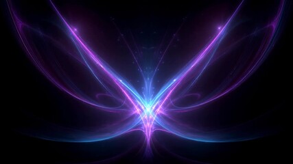 A neon butterfly pattern fractal artwork with glowing energy in blue and magenta glows in dark space showing symmetrical energy, digital art and vibrant abstract style
