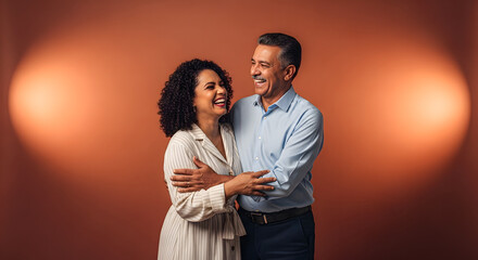 Smiling Couple Embracing and Laughing Together Indoors
