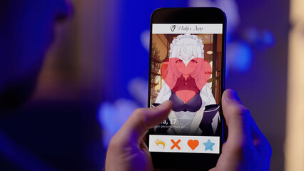 Person like an anime girl on waifu dating app smartphone over shoulder view