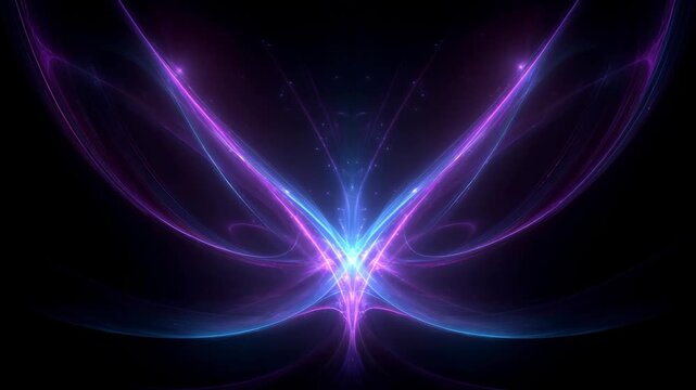 A neon butterfly pattern fractal artwork with glowing energy in blue and magenta  glows in dark space showing symmetrical energy, digital art and vibrant abstract style