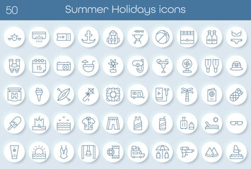 Set of 50 summer holiday icons in line style. Includes travel, beach, swimsuit, drinks, sun, adventure, luggage, camping, and fun. Perfect for vacation, apps, prints, and summer design projects.Vector