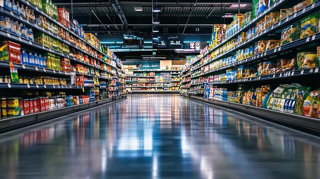 Grocery store aisle filled with colorful food products
