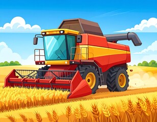 Obraz premium Golden summer sky overlooks a combine harvester working in a vast wheat field, collecting the grain