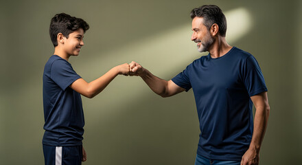 Father and Son Giving Fist Bump Against Green Background
