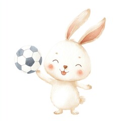 Adorable Watercolor Bunny Plays Soccer A Delightful Clipart Image of a Cheerful Rabbit Holding a Soccer Ball