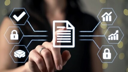 A person's finger touches a virtual screen with icons for document, security, efficiency, growth, approval, and delivery - Powered by Adobe