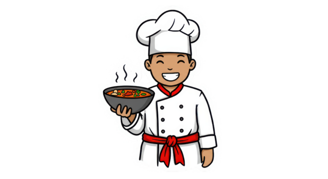 Smiling Cartoon Chef Holding Steaming Bowl of Food