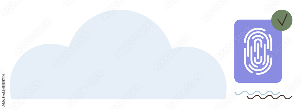 Poster large cloud, digital fingerprint on card with green checkmark, wavy line accent. ideal for data secu
