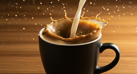 Milk pouring into coffee cup creating splash on wooden table background image