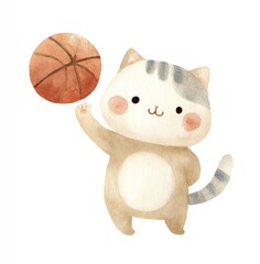 Adorable Watercolor Cat Plays Basketball, a Delightful and Cheerful Scene of Playful Feline Fun