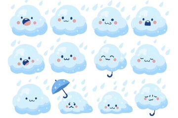 Fototapeta premium A set of cute cartoon cloud character icons with various expressions and emotions