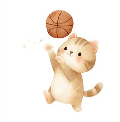 Adorable Watercolor Cat Plays Basketball, Leaping High for a Shot, Cute Paws and Happy Expression