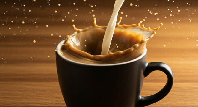 Milk pouring into coffee cup creating splash on wooden table background image