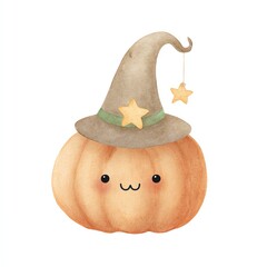 Adorable Watercolor Pumpkin Wearing a Witchs Hat with Stars