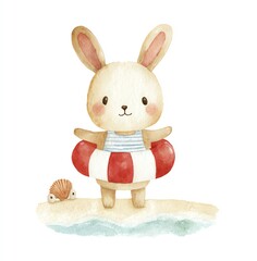 Adorable Watercolor Bunny at the Beach, Ready for a Summer Swim with Life Preserver