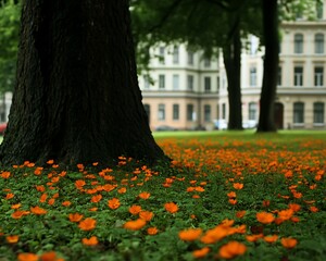Obraz premium A large tree with orange flowers growing beneath its canopy