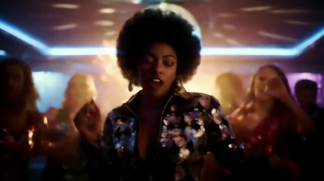 A stylish woman with a big afro hairstyle enjoys dancing under a disco ball at a retro nightclub party