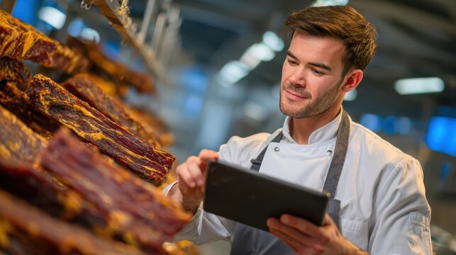 Expert butcher checks quality of cured meats in bustling shop - Powered by Adobe