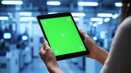 Woman holding tablet with green screen interface in industrial setting - Powered by Adobe