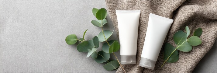 Cosmetic bottles with eucalyptus flowers towels and linen on pastel background top view flat lay natural organic skincare and spa concept perfect for beauty product branding body care wellness design