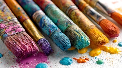 Fototapeta premium Elegant Colorful Paint Brushes with Splashes on White Display 