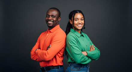 Smiling Black Father and Teenage Daughter Standing Back to Back
