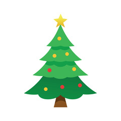 Green Christmas tree illustration with yellow star ornaments and brown trunk on white background