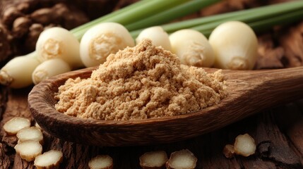 Fototapeta premium Galangal powder in a wooden spoon with fresh galangal roots and lemongrass stalks